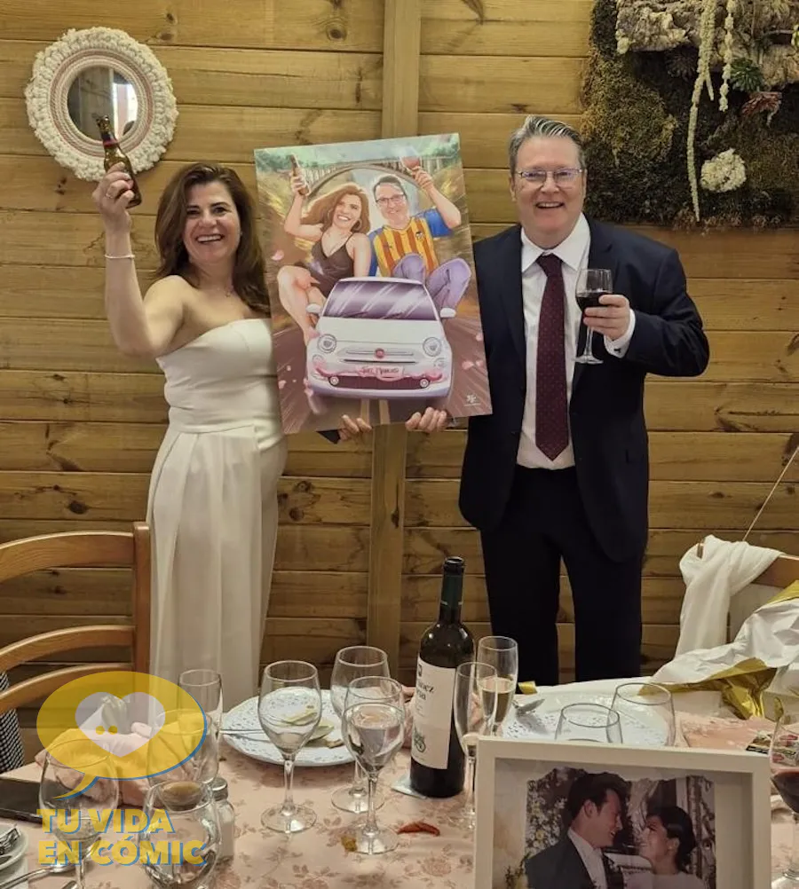 Regalo de boda grupal. Los protagonistas nos muestran su lámina tras el unboxing. Una pareja, 25 años de amor y una ilustración que parece su segunda boda. Un regalo grupal, original y lleno de emoción que sus amigos encargaron para inmortalizar su historia con humor, cariño y estilo propio.