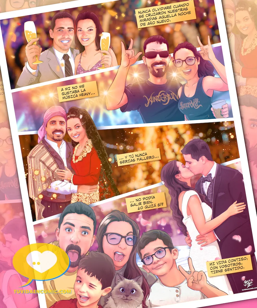 Página de cómic personalizado con su historia de amor dibujada en viñetas como regalo de aniversario o regalo de navidad para pareja