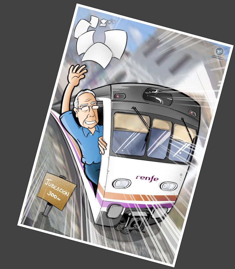 Ilustración Caricatura Personalizada - Jubilación y Trenes - B4 Invertido