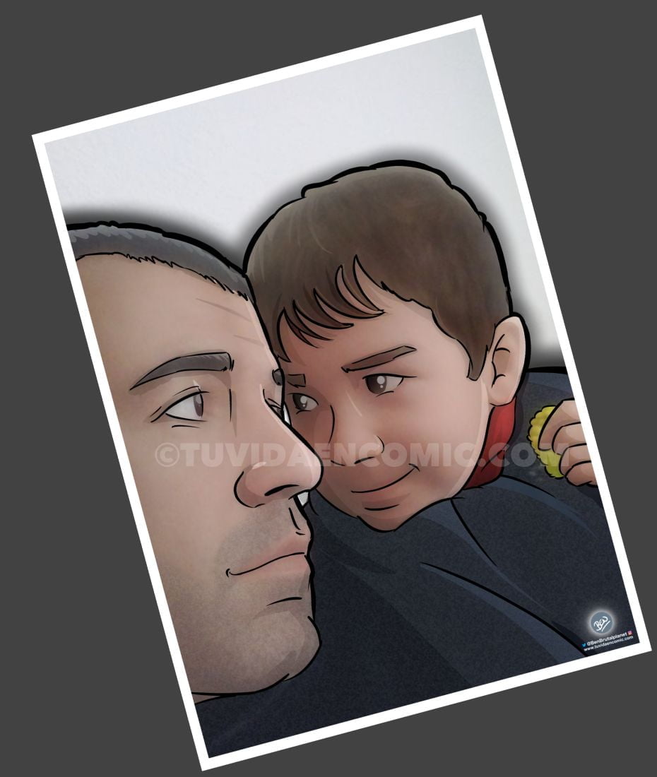 Ilustración Personalizada - La mirada cómplice de padre e hijo - Fotografía tipo cómic - Foto Ilustración - tuvidaencomic.com - BEN - 1