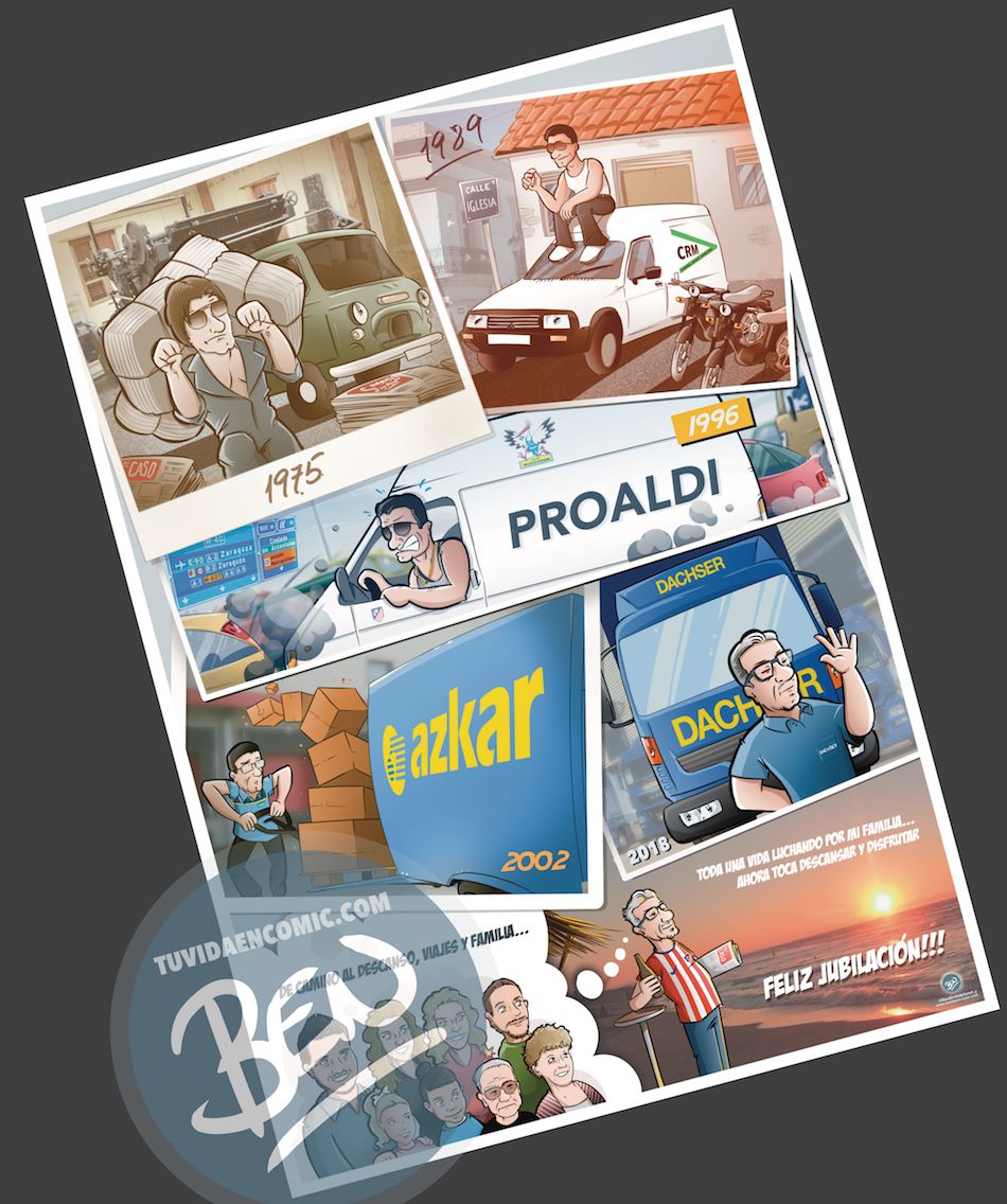 Ilustración personalizada - Composición - Regalo de Jubilación Camionero - Caricatura personalizada - tuvidaencomic.com - BEN 1