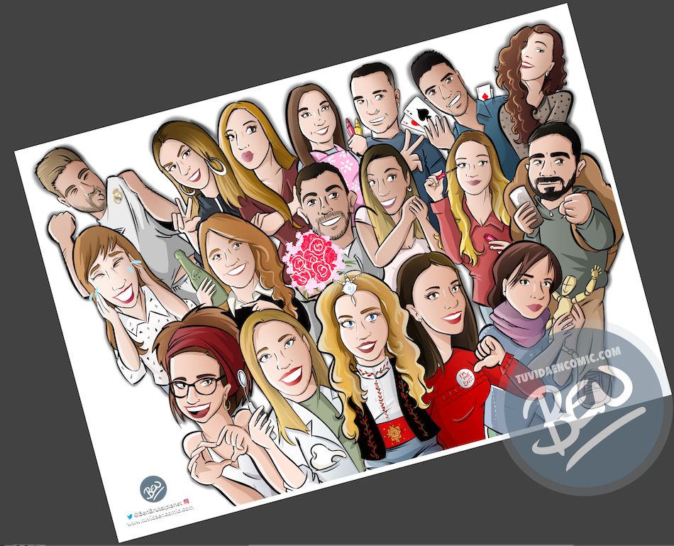 Ilustración grupal personalizada - Todos tus amigos colgados en la pared - Caricatura de grupo Personalizada - 3