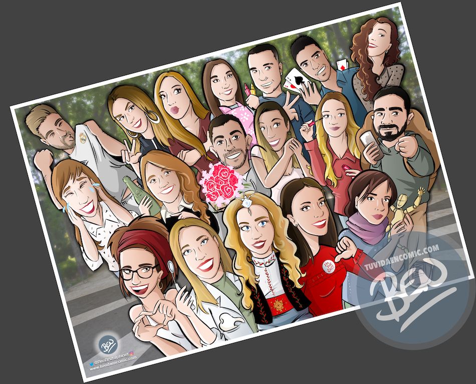 Ilustración grupal personalizada - Todos tus amigos colgados en la pared - Caricatura de grupo Personalizada - 4