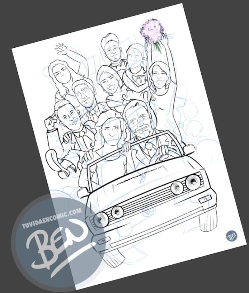 Ilustración grupal personalizada - Nos vamos de boda - Caricatura grupal - tuvidaencomic.com - BEN - 2