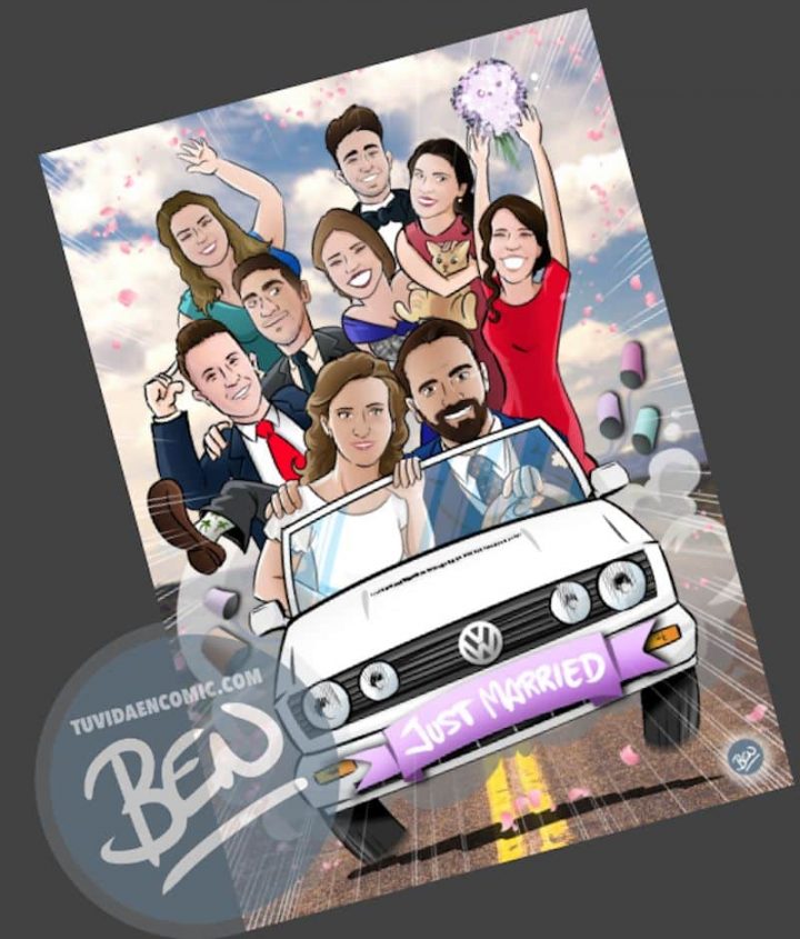 Ilustración grupal personalizada - Nos vamos de boda - Caricatura grupal - tuvidaencomic.com - BEN - 4