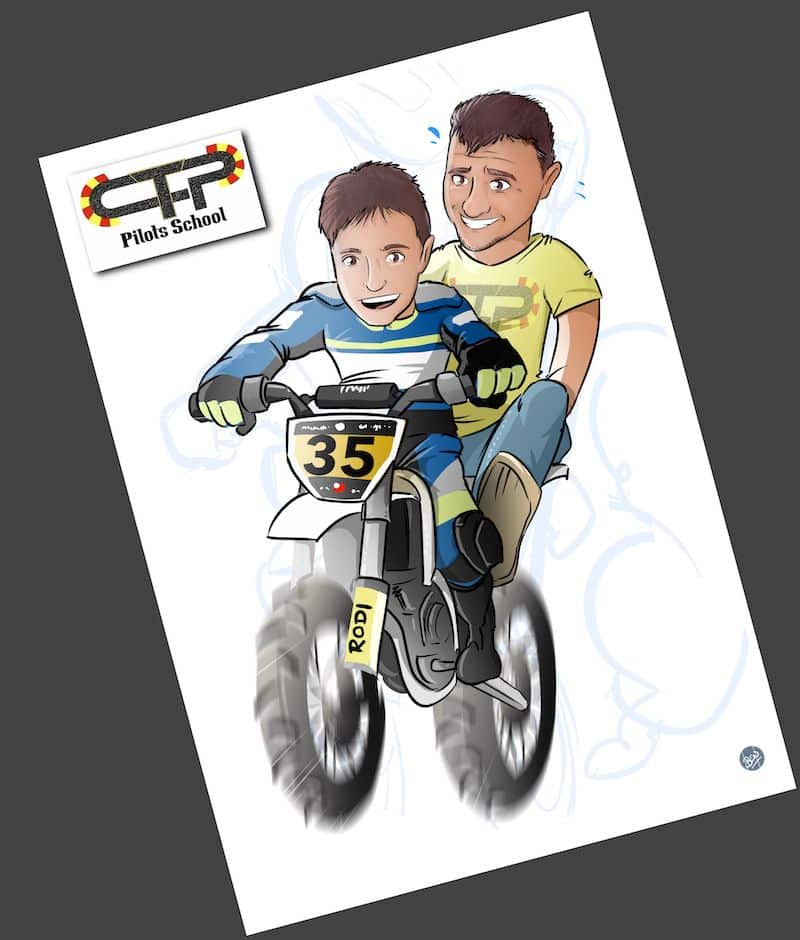 Ilustración personalizada - Padre e hijo sobre ruedas - Caricatura Personalizada - www.tuvidaencomic.com - BEN - 3
