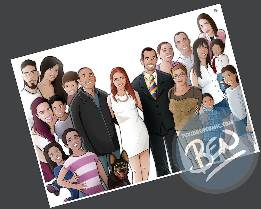 Ilustración de familia - Caricatura grupal personalizada - www.tuvidaencomic.com - Tu Vida en Cómic - BEN - 3