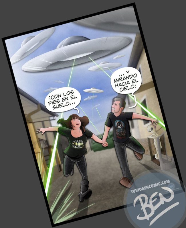 Ilustración Regalo personalizado - Mirando al cielo - OVNIS - Caricatura Personalizada - www.tuvidaencomic.com - Tu Vida en Cómic - BEN - Regalos originales - OVNIS - 5