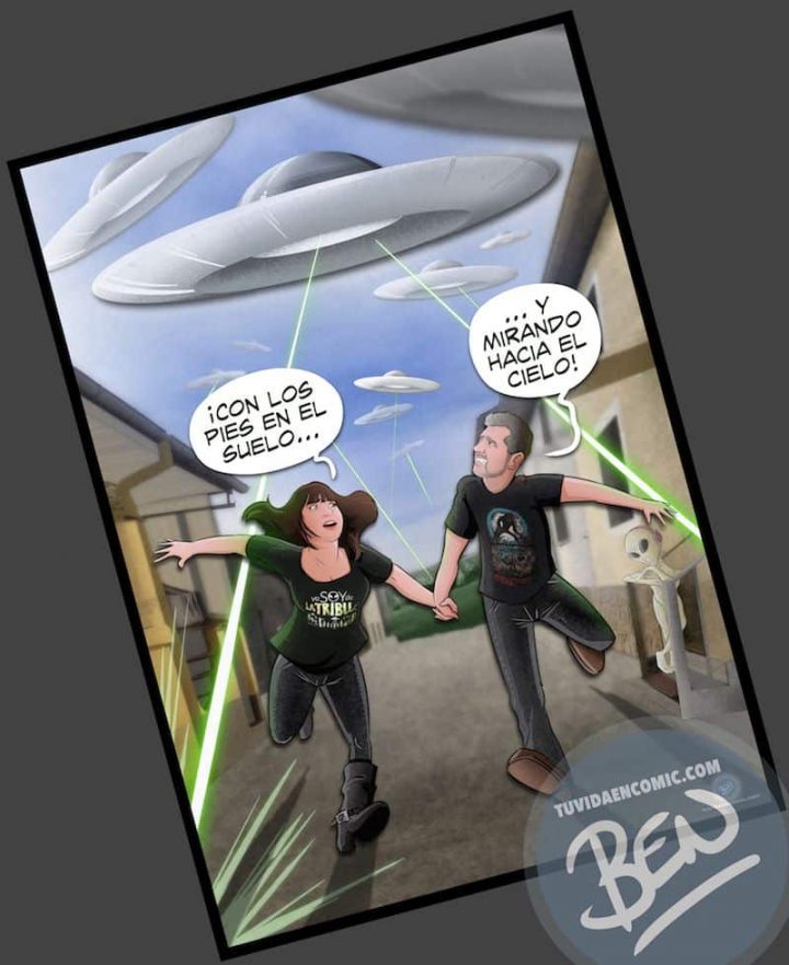 Ilustración Regalo personalizado - Mirando al cielo - OVNIS - Caricatura Personalizada - www.tuvidaencomic.com - Tu Vida en Cómic - BEN - Regalos originales - OVNIS - 5