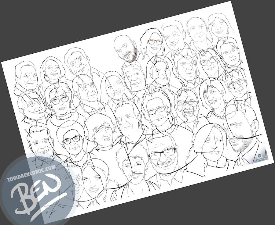 Caricatura familiar - "Que no falte nadie en nuestra foto de familia" - Ilustración grupal - www.tuvidaencomic.com - Tu Vida en Cómic - Borja_Ben_ART - BEN - Regalo personalizado - caricaturas personalizadas - 1