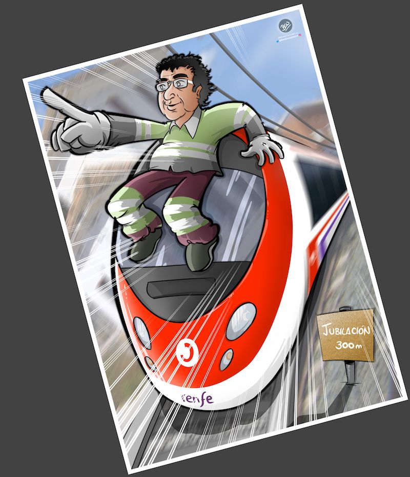 Ilustración-Caricatura-Personalizada-Jubilación-y-Trenes-A4