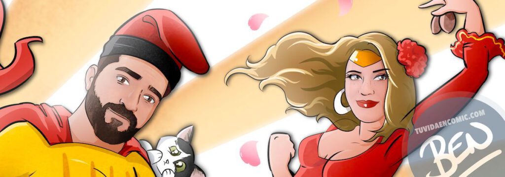 Ilustración Regalo personalizado – "Super pareja de barretina y castañuela" – Caricatura Personalizada - regalo de cumpleaños personalizado - Tu Vida en Cómic - BANNER
