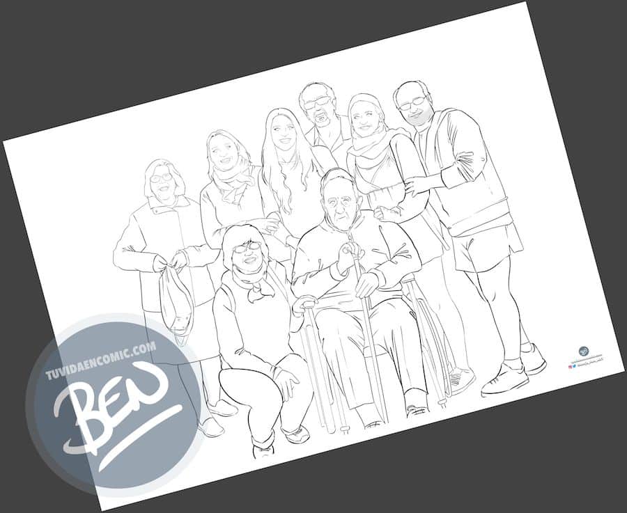 Ilustración de familia - Todos con el abuelo - Caricatura familiar - Regalo personalizado - Tu Vida en Cómic - tuvidaencomic.com - 1