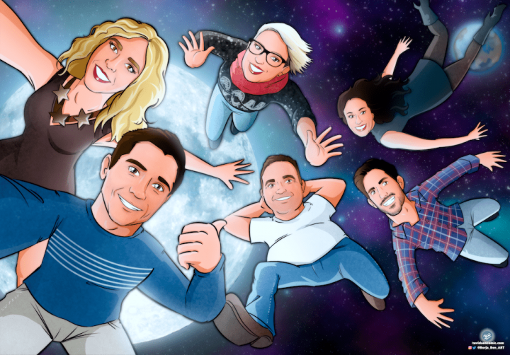 Ilustración Regalo grupal personalizado y original – “Nos vemos en la luna” – Caricatura personalizada grupal - tuvidaencomic.com - 2