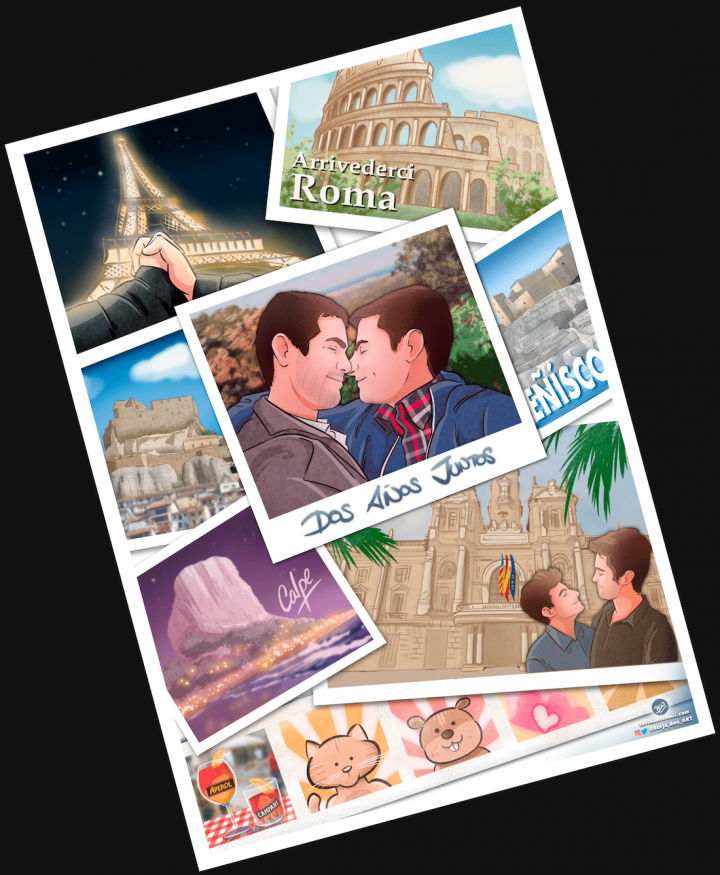 Composición de ilustraciones – “Dos años juntos” – Regalo de aniversario original y personalizado - tuvidaencomic.com - Cómic personalizado - Caricatura personalizada - 1