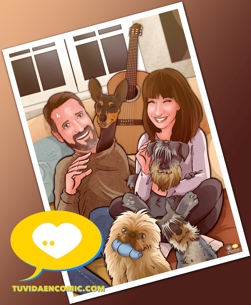 Ilustración Caricatura personalizada pareja con perretes - www.tuvidaencomic.com - Regalo de aniversario personalizado - regalos originales - San Valentín personalizado - 6-min