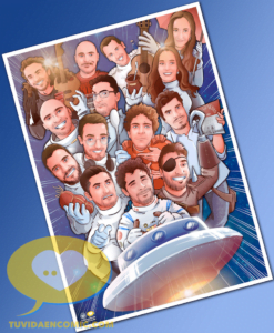 Ilustración de grupo de amigos - Nos recordarás en tu ovni - Regalo de despedida de departamento - www.tuvidaencomic.com - Caricatura de grupo 5-min