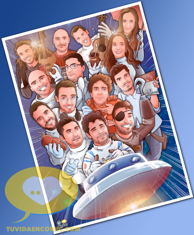Ilustración de grupo de amigos - Nos recordarás en tu ovni - Regalo de despedida de departamento - www.tuvidaencomic.com - Caricatura de grupo 5-min