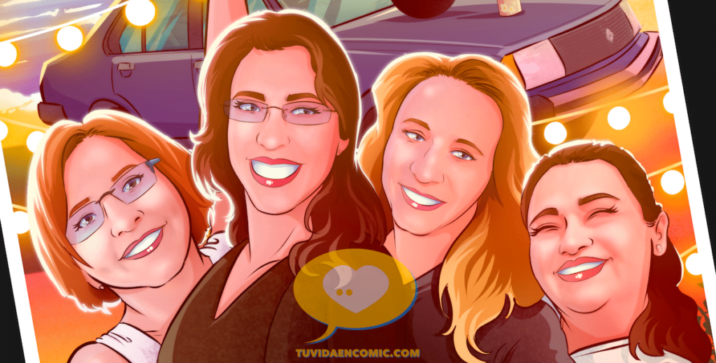 Cuatro amigas en formato cómic - www.tuvidaencomic - ilustración de amigas - regalo original de grupo - caricaturas personalizadas - 0-min