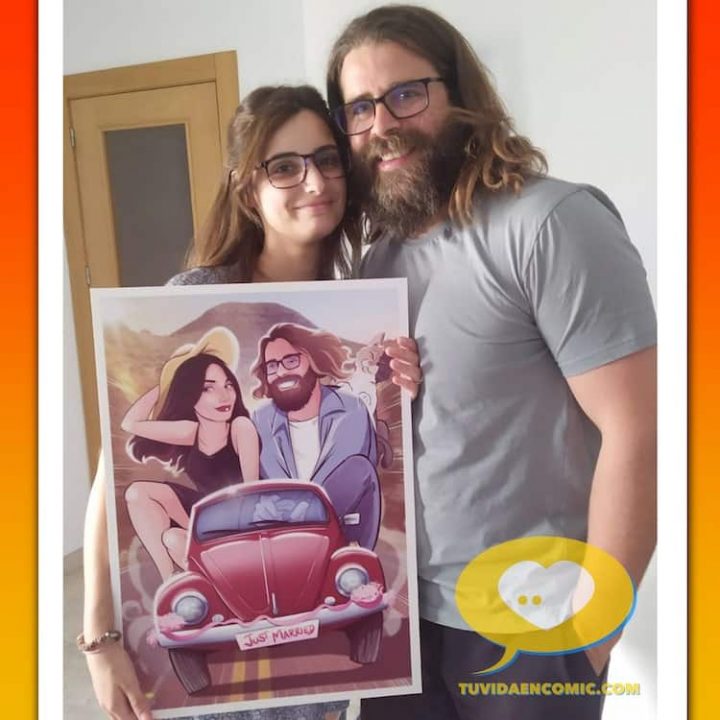 Regalo de boda original y personalizado – Juntos en nuestro Volkswagen Beettle – tuvidaencomic.com – Ilustraciones personalizadas – regalos personalizados – Clientes felices