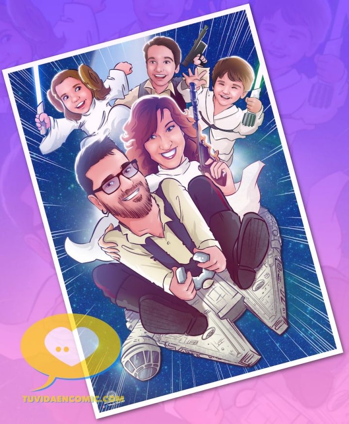 Ilustración de familia - Juntos en una galaxia muy lejana - Ilustración regalo personalizado - regalos frikis - regalos originales - regalos personalizados - www.tuvidaencomic.com 4-min