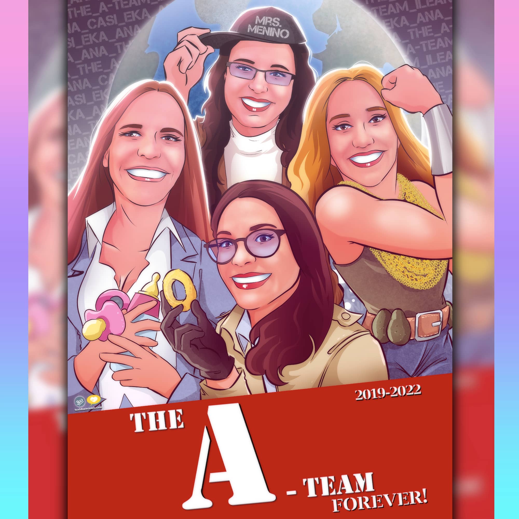 Ilustración de amigas - caricatura de amigas - ilustración grupal - caricatura de grupo - el equipo A - The A Team - tuvidaencomic.com - regalo original - regalo personalizado - regalo para mis amigas 8