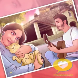 Ilustración romántica como regalo de pareja- Música, Amor y Gatos - Regalo romántico personalizado - Retrato personalizado - ilustración personalizada - www.tuvidaencomic.com -