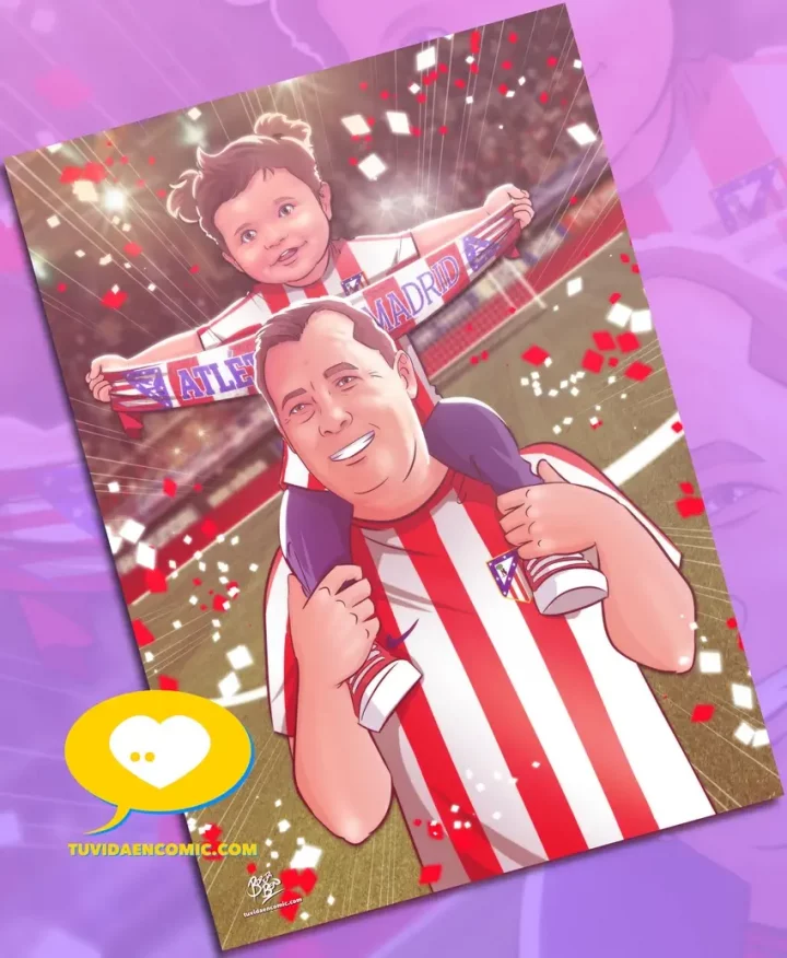 Ilustración de Abuelo y nieta - Atlético de Madrid - Ilustración personalizada - Regalo para el abuelo - fútbol - Atleti - Tu Vida en Cómic