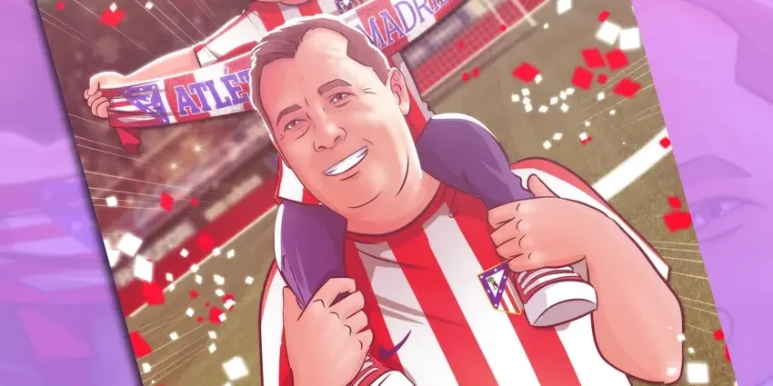 Ilustración de Abuelo y nieta - Atlético de Madrid - Ilustración personalizada - Regalo para el abuelo - fútbol - Atleti - Tu Vida en Cómic