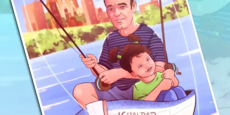 Ilustración personalizada - Ilustración de abuelo y nieta pescando - Regalo para el abuelo - Regalos personalizados - Tu Vida en Cómic - Abuelo regalo Retrato personalizado Caricatura _2