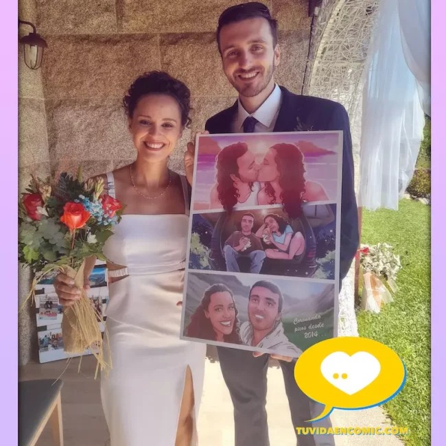 Página de cómic para colgar en la pared como regalo de boda original - Historia de amor en cómic - Tu Vida en Cómic - Clientes felices boda