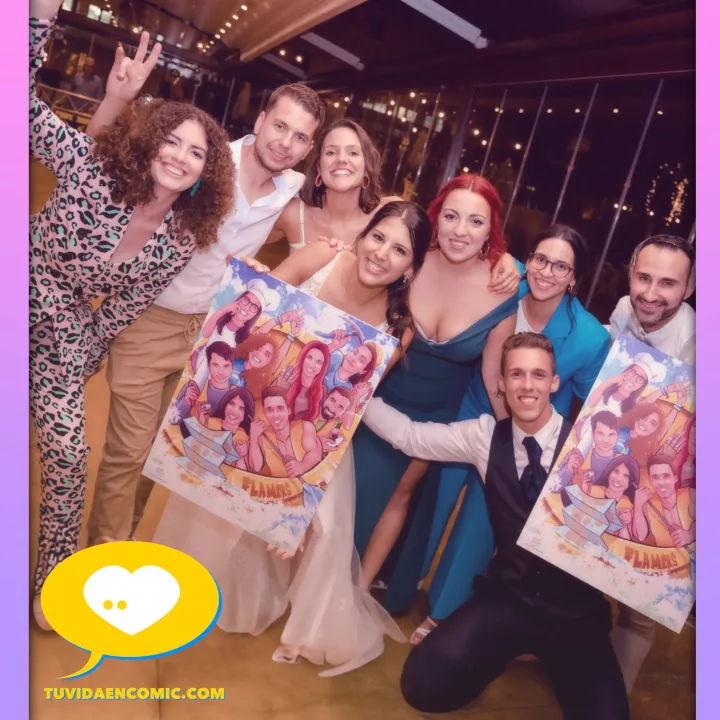 Qué regalar a amigos que se casan - Tu Vida en Cómic - Ilustraciones Personalizadas - Qué regalar a los amigos en una boda - caricatura personalizada - ilustración de grupo - grupo de amigos - foto de amigas TESTIMONIO
