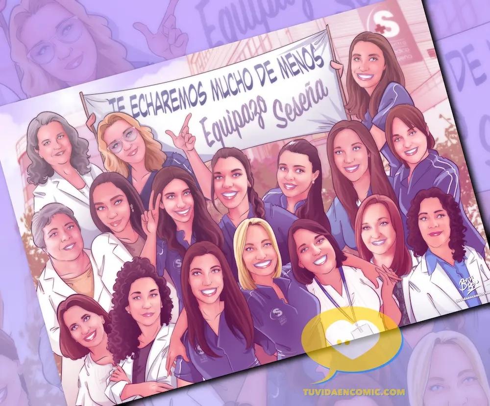 regalo para despedida de compañera de trabajo - regalo de despedida para una amiga - ilustraciones personalizadas - caricatura de grupo - regalo de despedida - tu vida en cómic