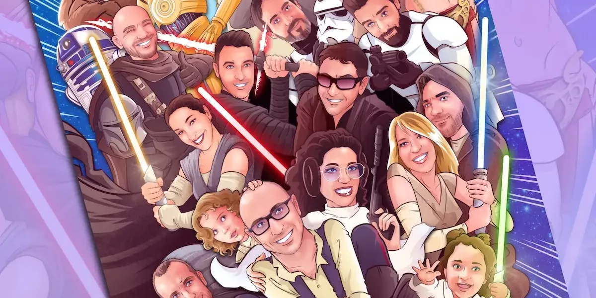Ilustraciones personalizadas - Ilustración grupal - Qué regalar en las bodas - regalo boda - Caricatura personalizada - caricatura de grupo - regalo entre amigos - star wars - Tu Vida en Cómic personalizado
