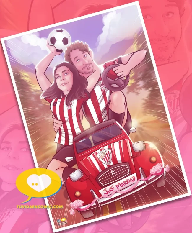 Qué regalar a unos futboleros en su boda - regalo de boda - qué regalar de boda - regalo novio futbolero - ilustración personalizada - atletic de bilbao - tuvidaencomic.com