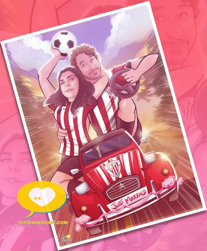 Qué regalar a unos futboleros en su boda - regalo de boda - qué regalar de boda - regalo novio futbolero - ilustración personalizada - atletic de bilbao - tuvidaencomic.com