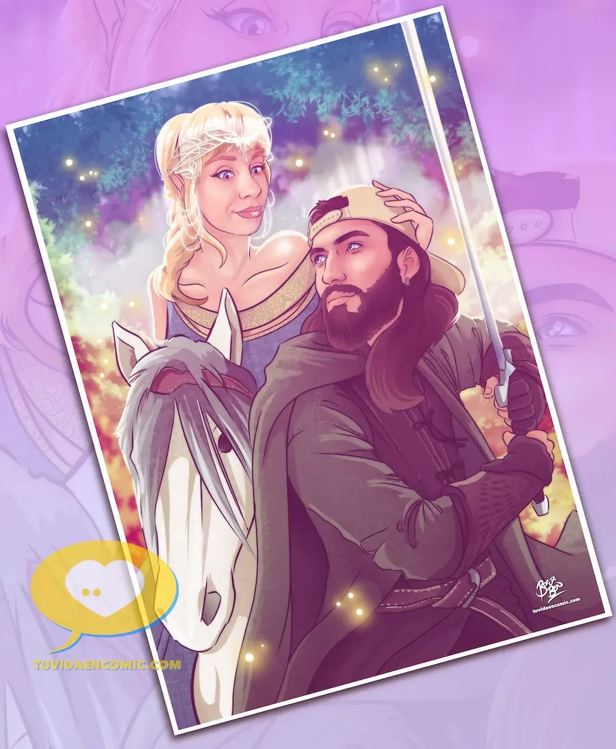 Regalo de San Valentín - Ilustración El Señor de los Anillos - Regalo romántico - Regalo para mi novio - Tu Vida en Cómic - Caricatura personalizada - Ilustración personalizada de pareja