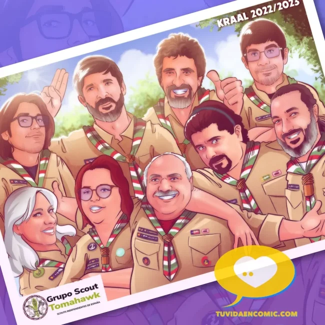 Ilustración personalizada grupal – Caricatura de grupo Scout Tomahawk Alcorcón – Regalos personalizados – Regalo para el profesor Ilustración personalizada grupal – Caricatura de grupo Scout Tomahawk Alcorcón - Regalos personalizados - Regalo para el profesor