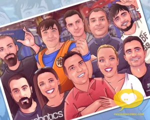 regalo de despedida para compañero que se va de la empresa. Caricatura de grupo. Regalo de jubilación - www.tuvidaencomic.com - Ilustración personalizada - Tu Vida en Cómic