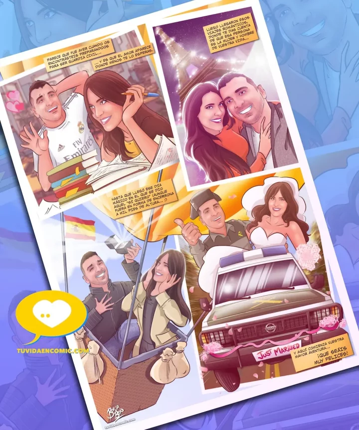 Regalo de boda original - cómic de mi vida - comic personalizado con nuestra historia de amor - regalo de boda para una amiga - qué dar de regalo de boda - regalo de boda que no sea dinero - tu vida en cómic