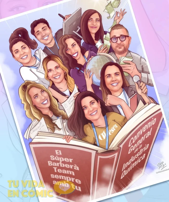 Regalo de despedida para compañera de trabajo - Regalo para mi mejor amiga - Ilustración personalizada - caricatura de grupo - Tu Vida en Cómic
