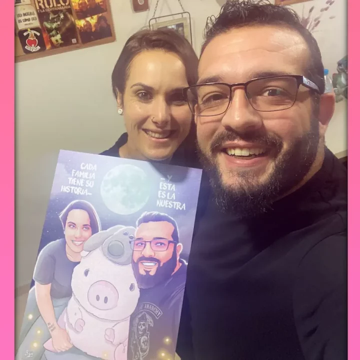 El perfecto regalo para mi novio – el perfecto regalo para mi novia una ilustración personalizada romántica juntos frente a la luna - caricatura personalizada - regalo romántico - caricaturista valencia