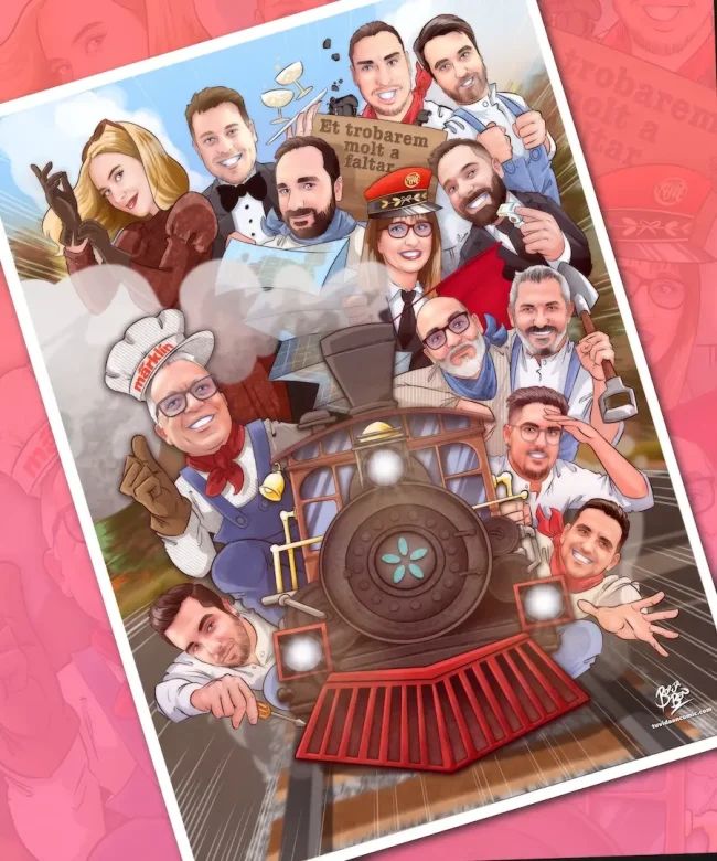 Regalo para compañero de trabajo - Regalo de jubilación - Regalo de empresa - RRHH - Caricaturista Valencia - Borja Ben - Caricatura de grupo