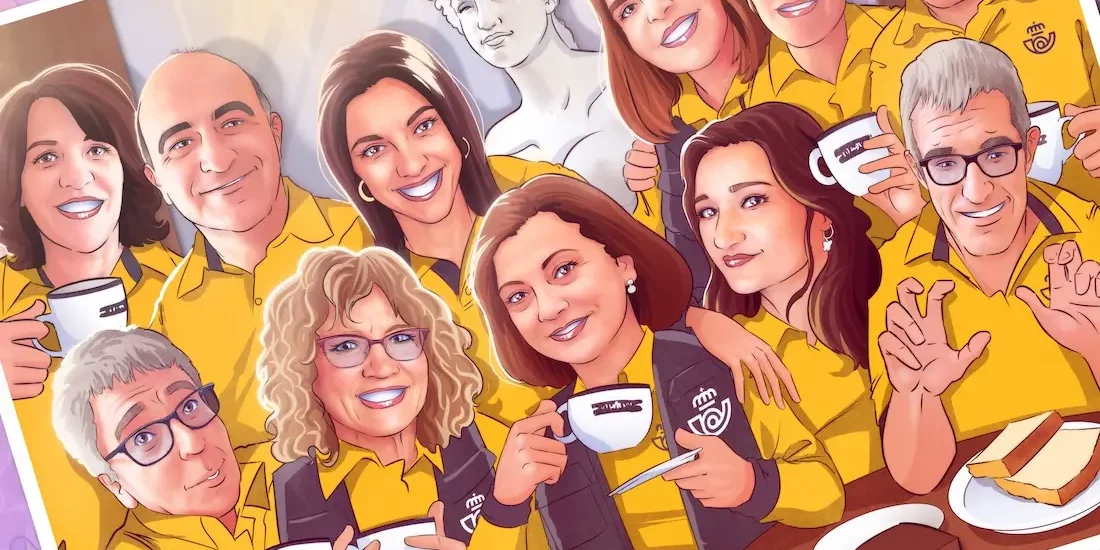 El mejor regalo de jubilación para un empleado de Correos. Caricatura grupal e ilustración personalizada El mejor regalo de jubilación para un empleado de Correos. Caricatura grupal e ilustración personalizada