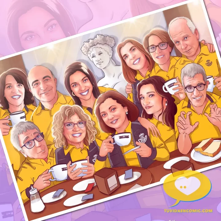 El mejor regalo de jubilación para un empleado de Correos. Caricatura grupal e ilustración personalizada