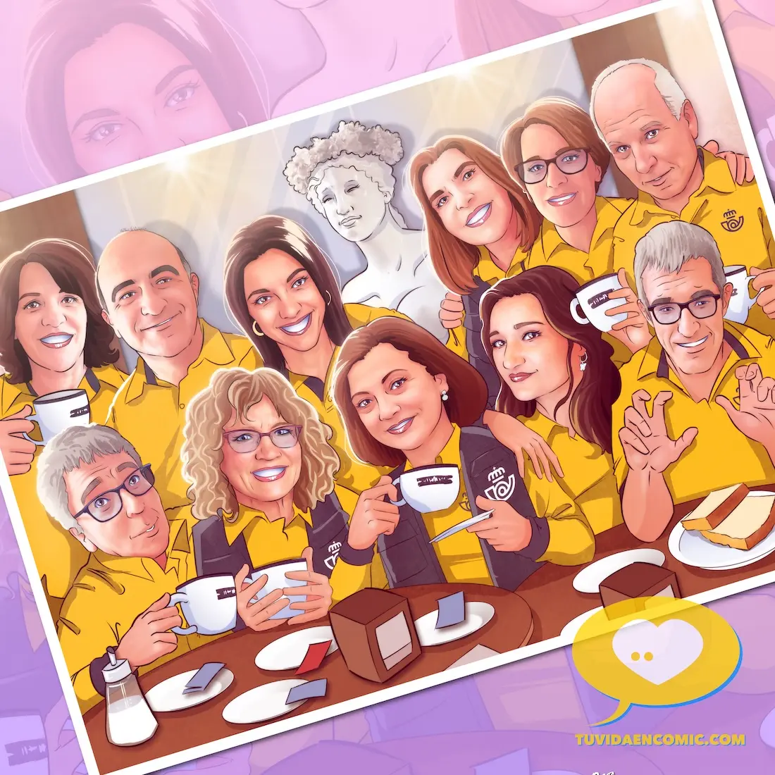 El mejor regalo de jubilación para un empleado de Correos. Caricatura grupal e ilustración personalizada