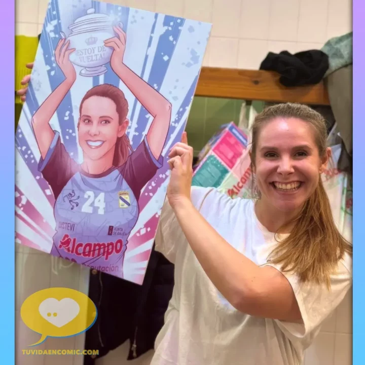 Ilustración personalizada – un regalo original de amigo invisible para una jugadora de balonmano – tuvidaencomic.com . clienta satisfecha unboxing Ilustración personalizada - un regalo original de amigo invisible para una jugadora de balonmano - tuvidaencomic.com . clienta satisfecha unboxing