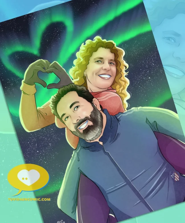 Pareja bajo la aurora boreal en Islandia – Ilustración personalizada de aniversario - regalo de aniversario
