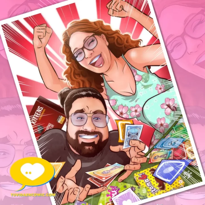 Ilustración personalizada de una pareja jugando a juegos de mesa, diseñada como un regalo de boda único y emotivo