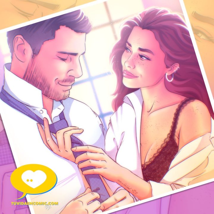 Anudando la Corbata – Tu Amor en cómic – Tu Vida en cómic – regalo romántico – ilustración de pareja Ilustración personalizada de una pareja compartiendo un momento íntimo. Ella afloja su corbata con complicidad mientras él sonríe relajado. Luz cálida y detalles realistas que reflejan la conexión entre ambos. ilustraciones personalizadas parejas